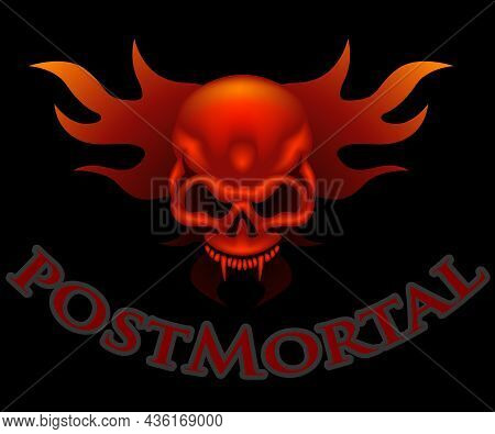 Skull With Flames And Post Mortal Text - Colored Illustration Isolated On Black Background, Vector