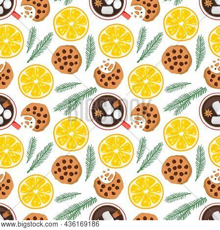 Winter Seamless Pattern. Repeated Background With Hot Chocolate Cup, Cookies, Orange Slice, Spruce T