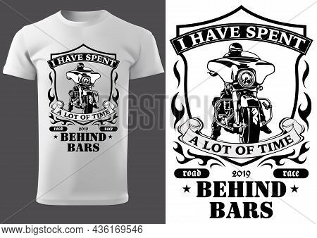 White T-shirt Design With Motorcyclist And Inscriptions - Graphic Design For Printmaking T-shirt Or 