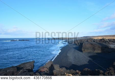 Scenic Look At Dritvik Black Sand Beach And Black Lava Rock.