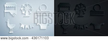 Set Carnival Garland With Flags, Roller Coaster, Riding Kid Duck, Jester Hat Bells, Ferris Wheel And