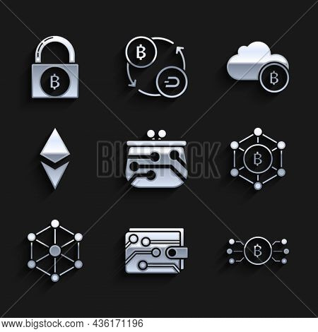 Set Cryptocurrency Wallet, Bitcoin In Circle With Microchip Circuit, Blockchain Technology Bitcoin, 