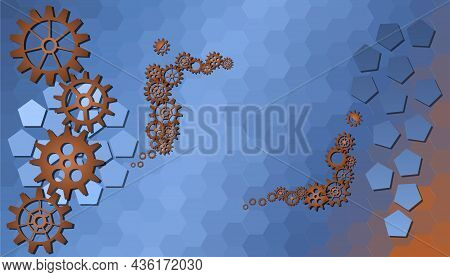 Banner With Geometric Blue And Brown Honeycomb Background, With Place For Text, Gears And Frame Made