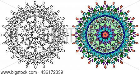 Colored And Black And White Mandala. Doodle. Use For Decoration Or As An Antistress Coloring Book. V