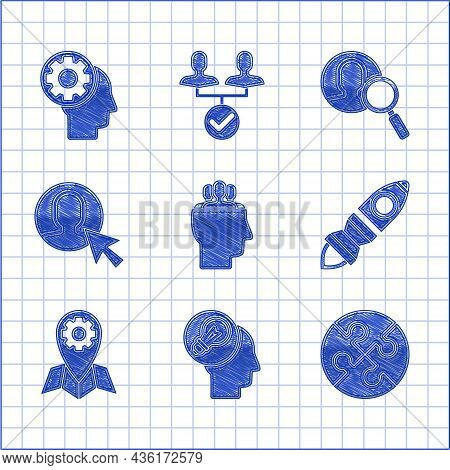 Set Project Team Base, Human Head With Lamp Bulb, Piece Of Puzzle, Rocket Ship Fire, Location Job, U