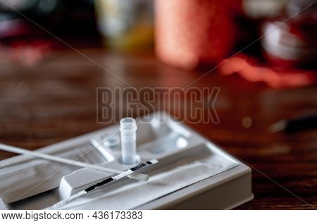 Selective Focus On Swab Of An At Home Rapid Covid Test Kit