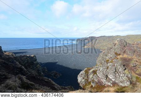 Pretty Deserted Black Lava Sand Beach In Dritvik.