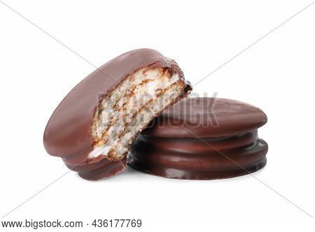 Delicious Choco Pies On White Background. Classic Snack Cakes