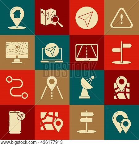 Set Map Pin, Folded Map With Location Marker, Road Traffic Sign, Paper Airplane, Infographic Of City