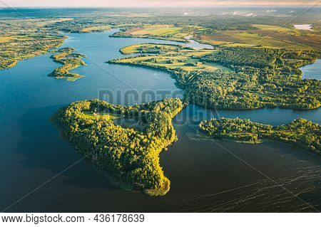 Lyepyel, Lepel Lake, Beloozerny District, Vitebsk Region. Aerial View Of Island Pension Lode In Autu