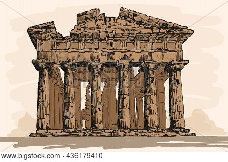 Pre-greek Ruined Stone Temple With Columns. Quick Hand Sketch On A Beige Background.