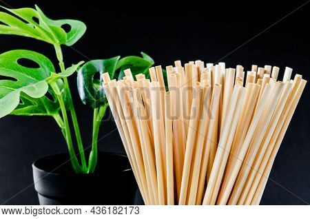 Wheat Straw For Drinking Water In Glass With Green Leaf On Black Background. Zero Waste Concept.