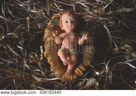 Nativity Scene. Baby Jesus Figure Isolated. Traditional Christmas Scene.