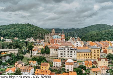 Panoramic View Of Famous Medieval Town Of Loket,elbogen, With Colorful Houses And Stone Castle Above