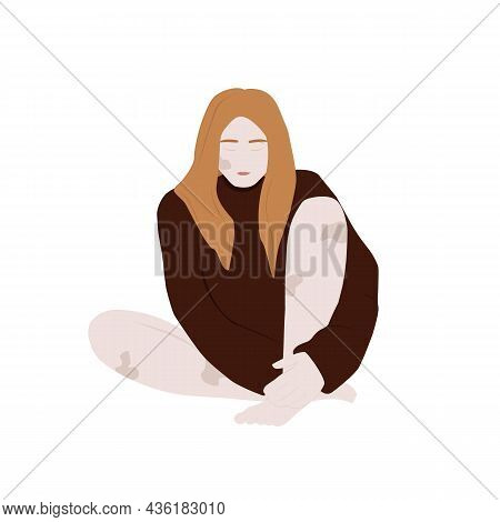 Red-haired Girl In A Burgundy Sweater With Vitiligo. Minimalistic Style