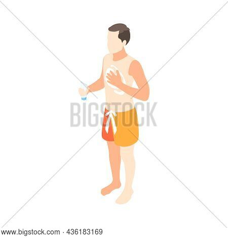 Isometric Character In Swimming Trunks Applying Suncream On Body 3d Vector Illustration