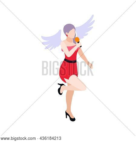 Isometric Icon With Woman Pop Singer Wearing Red Dress And Wings 3d Vector Illustration