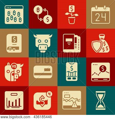 Set Old Hourglass, Website With Growth Graph, Shield And Money Bag, Dollar Plant, Bull Market, Finan