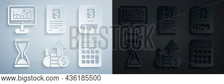 Set Financial Growth And Coin, Book, Old Hourglass, Calculator, Business Finance Report And Computer