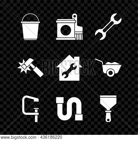 Set Bucket, Paint Bucket And Brush, Wrench Spanner, Clamp Screw Tool, Industry Pipe, Putty Knife, Ha