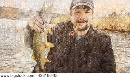 Portrait Of A Contented Fisherman With His Catch. A Grown Man With A Smoking Pipe In His Mouth Holdi