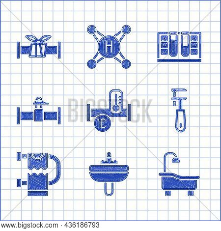 Set Industry Metallic Pipe, Washbasin, Bathtub, Pipe Adjustable Wrench, Heated Towel Rail, And Valve