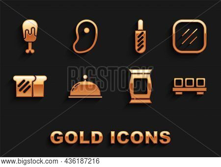 Set Covered With Tray, Steak Meat, Sushi On Cutting Board, Bag Or Packet Potato Chips, Bread Toast, 