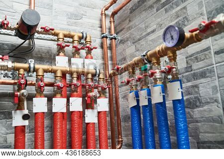 Plumbing service. copper pipeline of a heating system in boiler room