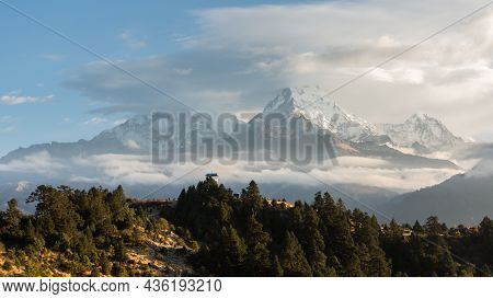 View Of Annapurna Mountain Range From Poon Hill On Sunrise. Its The Famous View Point In Gorepani Vi