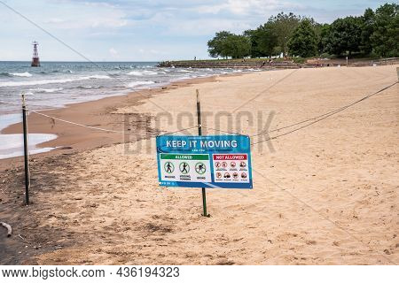 Chicago, Il - June 23rd, 2020: The Chicago Park District Posted Signs At The Fenced Off Foster Beach