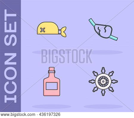 Set Ship Steering Wheel, Pirate Bandana For Head, Alcohol Drink Rum And Eye Patch Icon. Vector