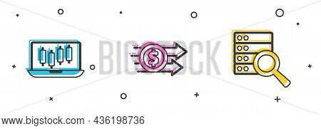 Set Stocks Market Growth Graphs, Financial Dollar And Server Icon. Vector