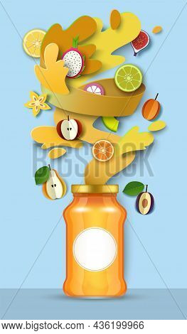 Fruit Jam Package Glass Jar, Paper Cut Fresh Fruits, Liquid Splash, Drops. Healthy Fruit Preserves, 