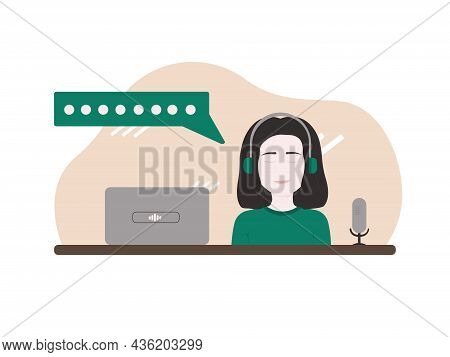 Illustration About Podcast With Girl In Headphones, With Notebook And Microphone. Minimalistic Style