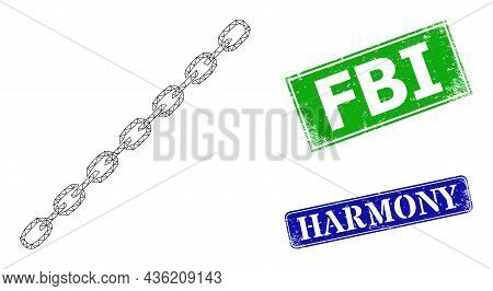 Net Chain Image, And Fbi Blue And Green Rectangular Corroded Stamps. Polygonal Wireframe Image Is Cr
