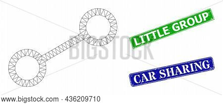 Network Link Image, And Little Group Blue And Green Rectangle Corroded Stamps. Mesh Wireframe Image 