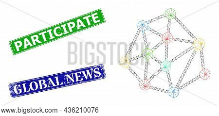 Triangular Mesh Links Image, And Participate Blue And Green Rectangular Unclean Stamp Seals. Mesh Ca