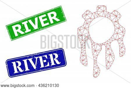 Net Melting Gear Image, And River Blue And Green Rectangular Grunge Seal Imitations. Polygonal Wiref