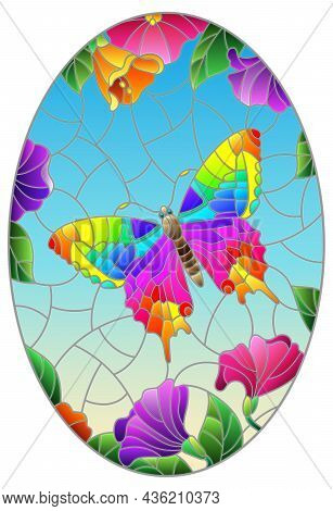 Illustration In Stained Glass Style With A Bright Butterfly On A Background Of Flowers And Sky, Oval