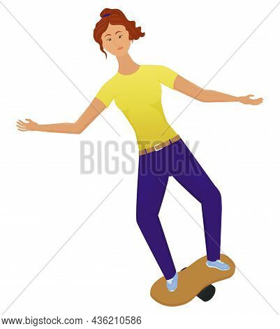 Cartoon Vector Illustration Of Young Woman Balancing On Board. Girl Character On White Background