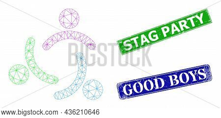 Mesh Men Community Model, And Stag Party Blue And Green Rectangular Scratched Seals. Mesh Wireframe 