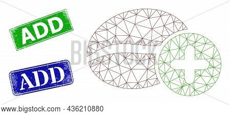 Polygonal Add Coffee Image, And Add Blue And Green Rectangle Grunge Stamps. Polygonal Carcass Illust