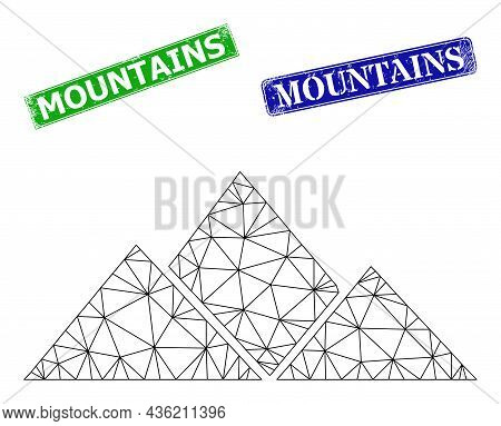Mesh Mountains Model, And Mountains Blue And Green Rectangle Grunge Seal Prints. Mesh Carcass Symbol