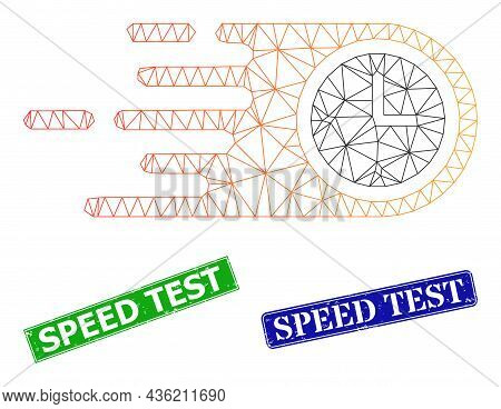 Polygonal Fast Clock Image, And Speed Test Blue And Green Rectangle Rubber Badges. Mesh Carcass Imag