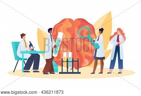 Scientists Exploring How Brain Works. Girl With Magnifying Glass And Man With Flasks. Head Tomograph