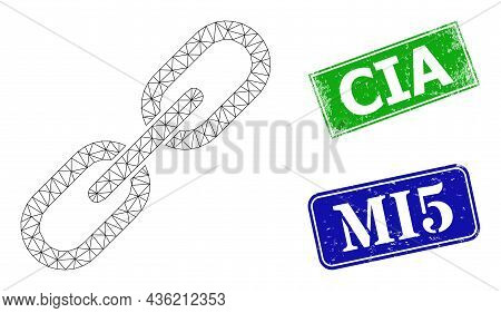 Mesh Chain Image, And Cia Blue And Green Rectangle Dirty Stamp Seals. Mesh Wireframe Symbol Is Based
