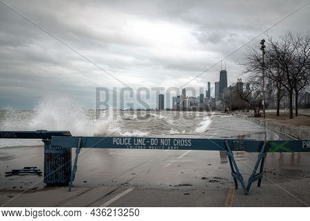 Chicago, Il - March 20th, 2020:  Blue Wooden Police Barricades Block Off The Lakefront Trail And Bik