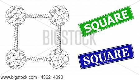Polygonal Square Grid Centers Image, And Square Blue And Green Rectangular Textured Stamp Seals. Mes