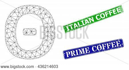 Mesh Theta Greek Symbol Image, And Italian Coffee Blue And Green Rectangular Textured Stamps. Mesh C