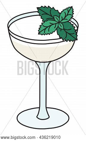 Southside Classic New Era Cocktail In Cope Glass. Gin Based White Drink Garnished Mint And Egg White
